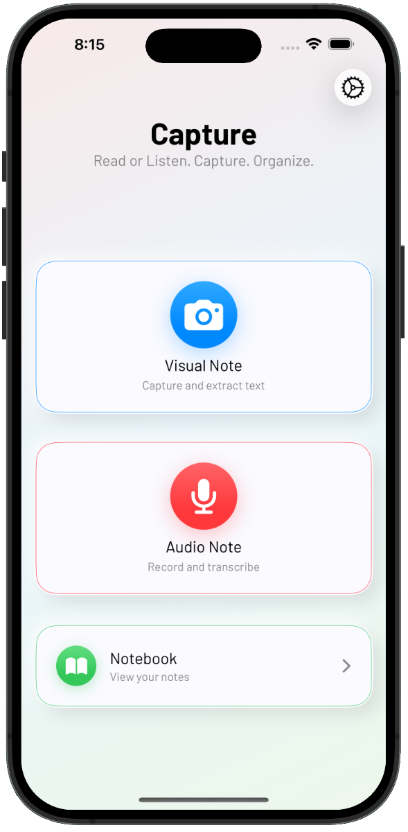 Capture app home screen
